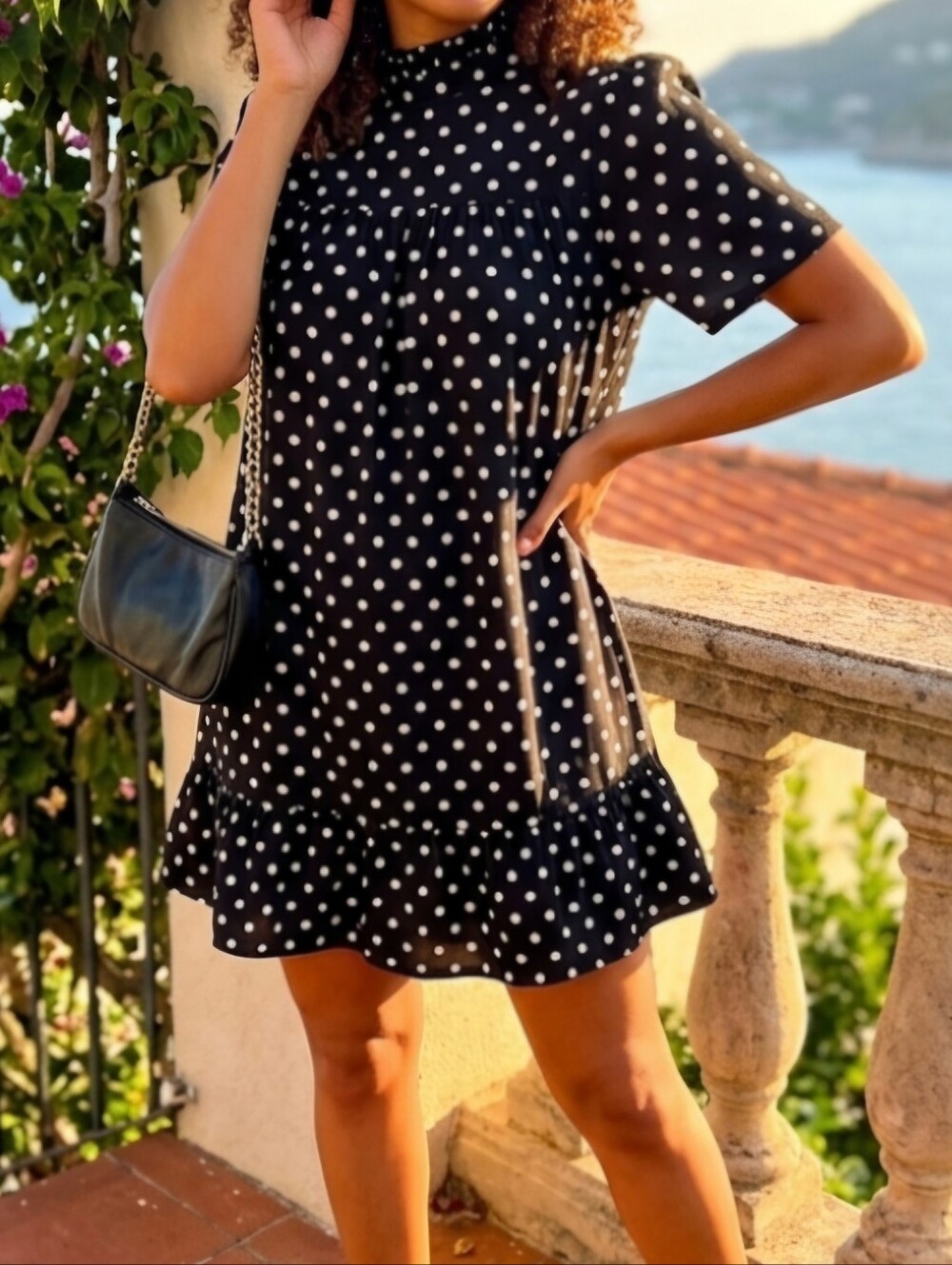 AX Paris Black Polka Dot Mock Neck Ruffle Mini Dress